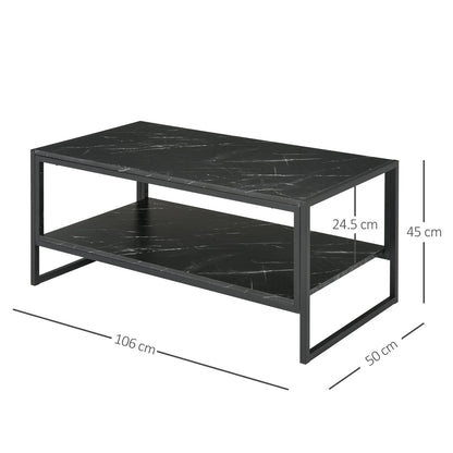 Modern Black Marble Coffee Table with Steel Frame and Storage Shelf