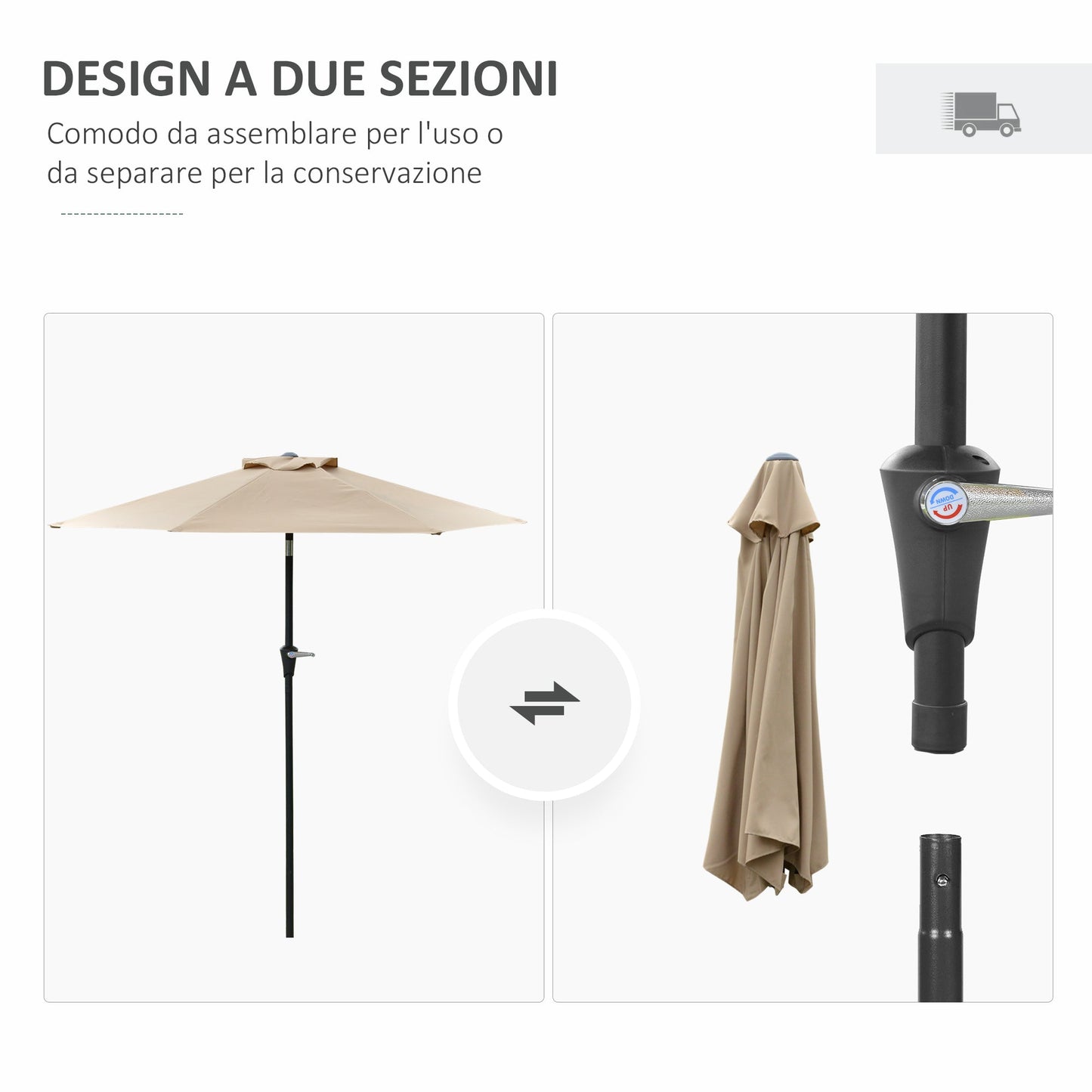 2.3x2m Tilting Garden Umbrella with Crank Opening and 6 Ribs, Khaki