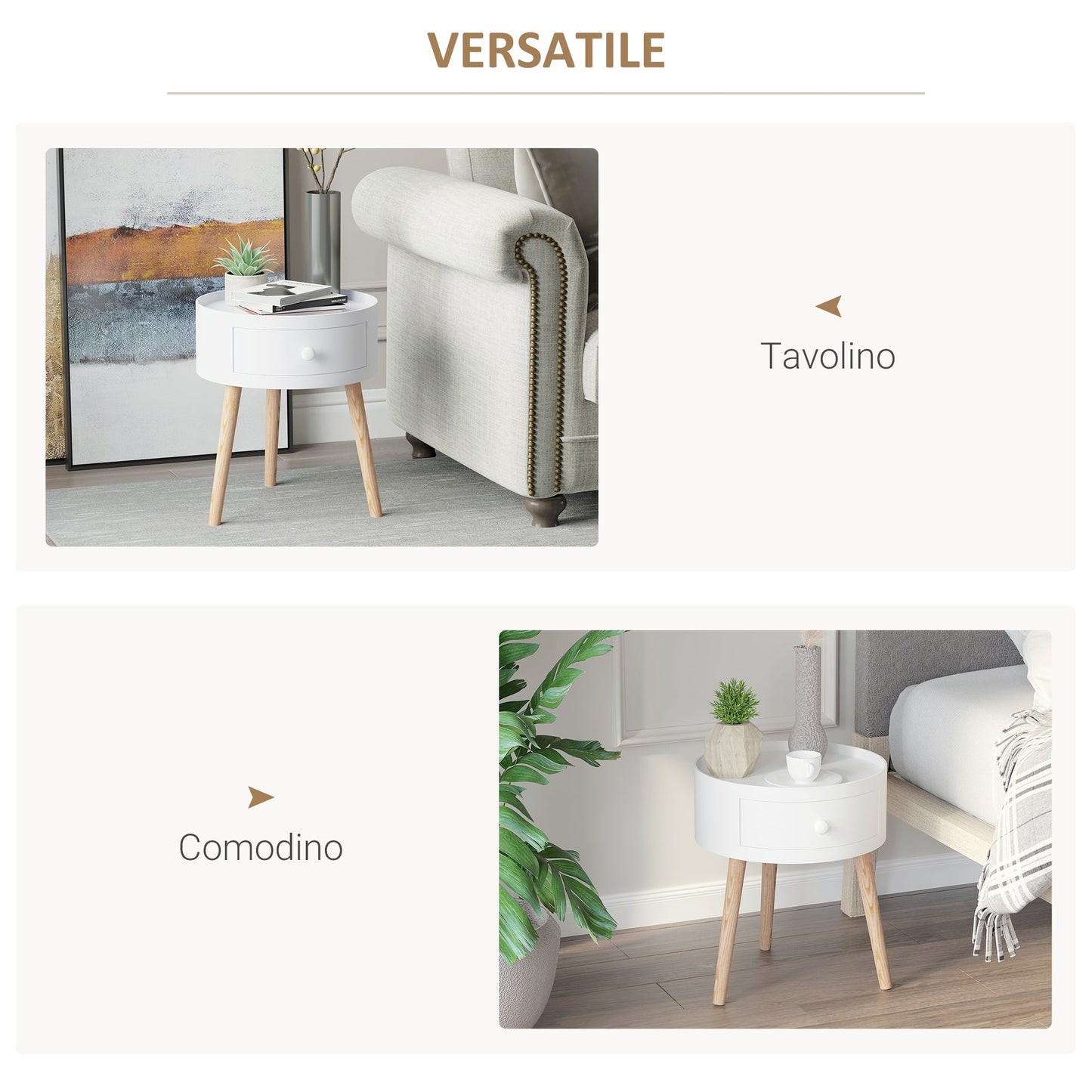 Modern Living Room Table with wooden, white, ф38x45cm drawer