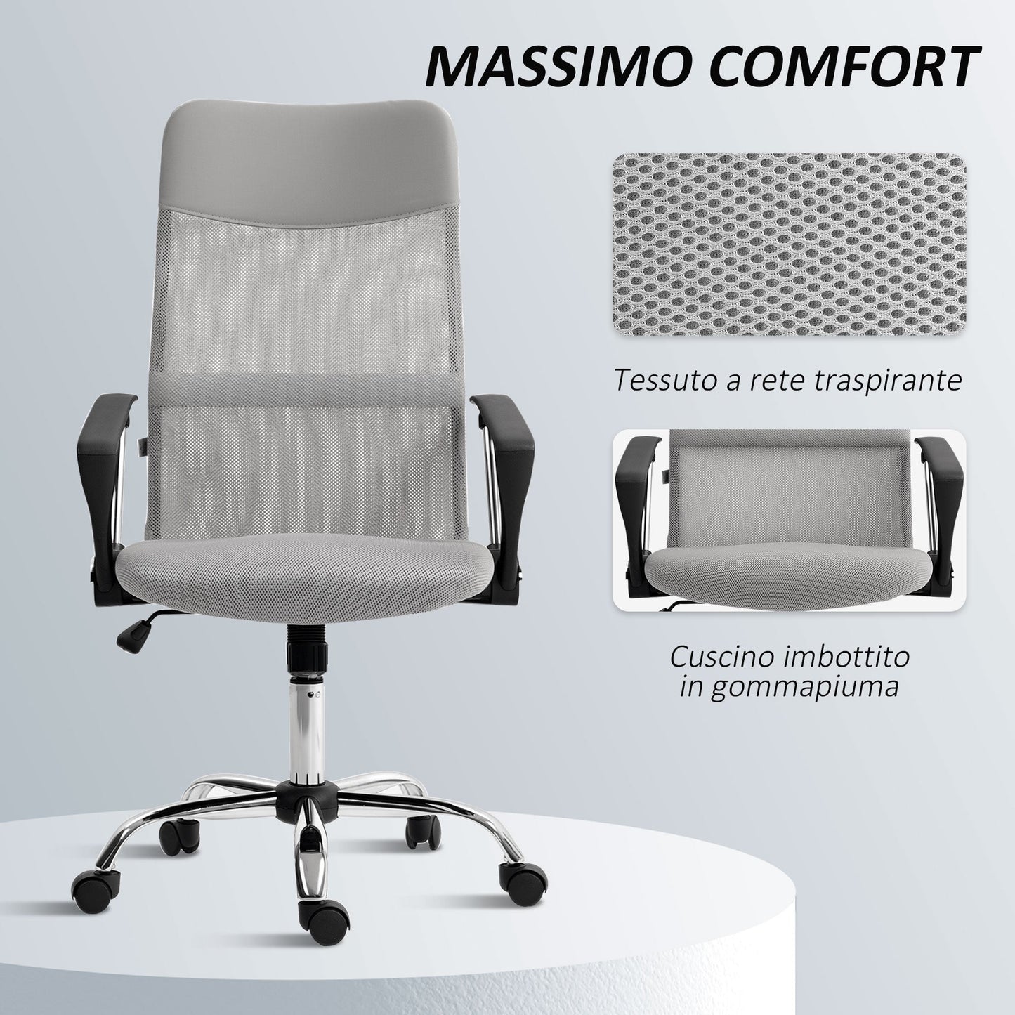 Ergonomic Swivel Office Chair, Height-Adjustable and Mesh Backrest, 63x65x109-119 cm, Light Grey