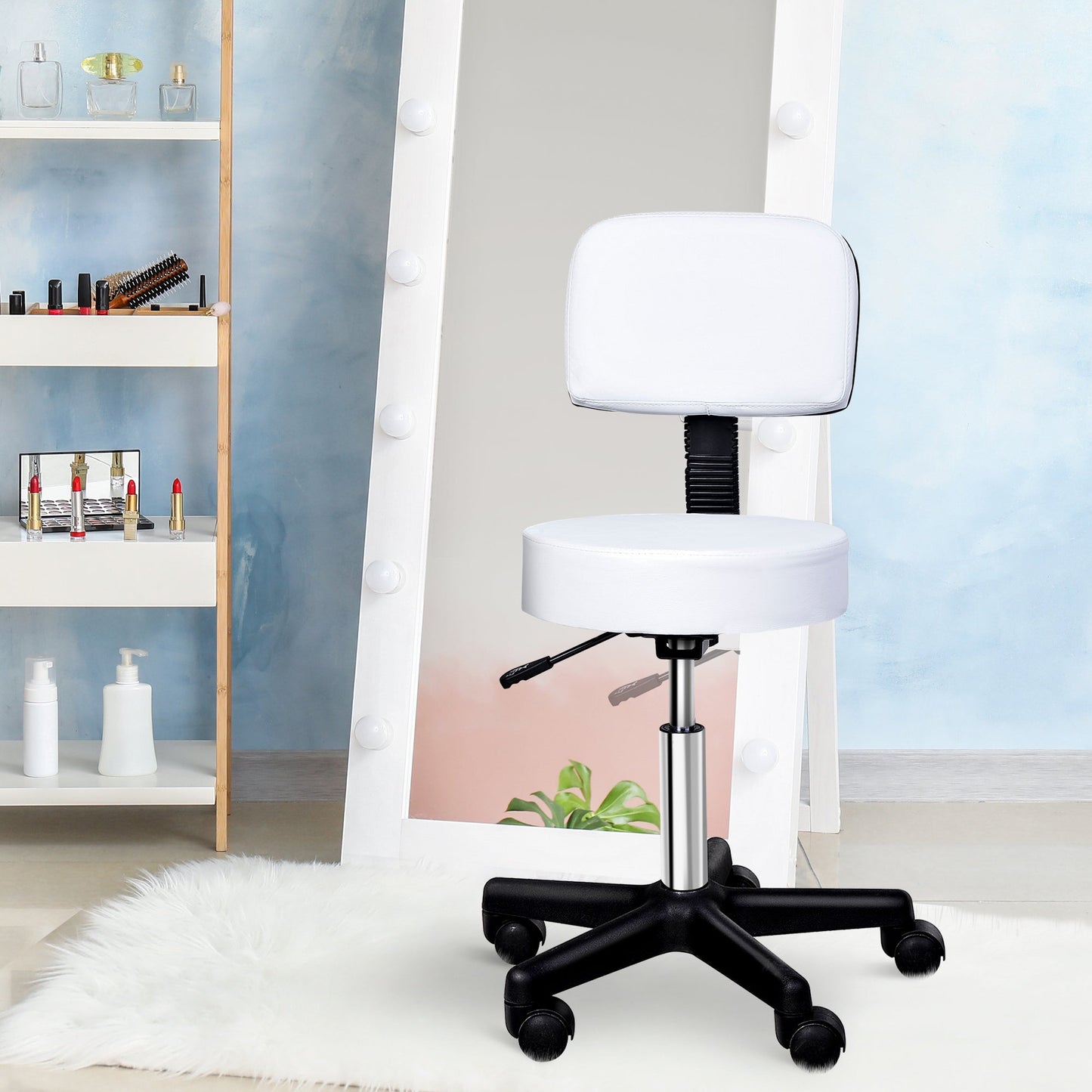 Swivel Stool with Backrest, Adjustable Height and 5 Wheels in White PU Leather for Home or Shop