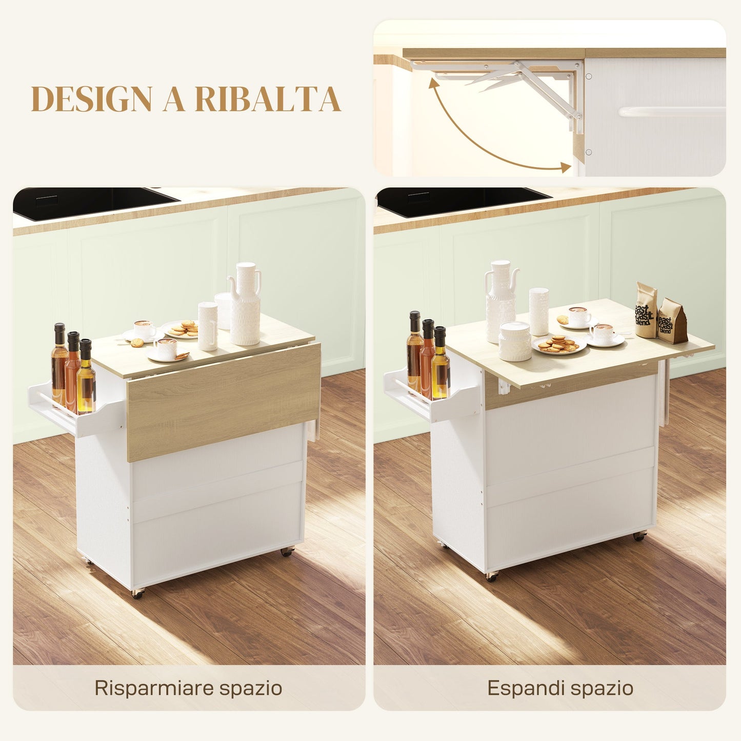 Kitchen Island with Drawer, Cabinet, Spice Rack and Towel Holder, 106x42x87 cm, White and Oak