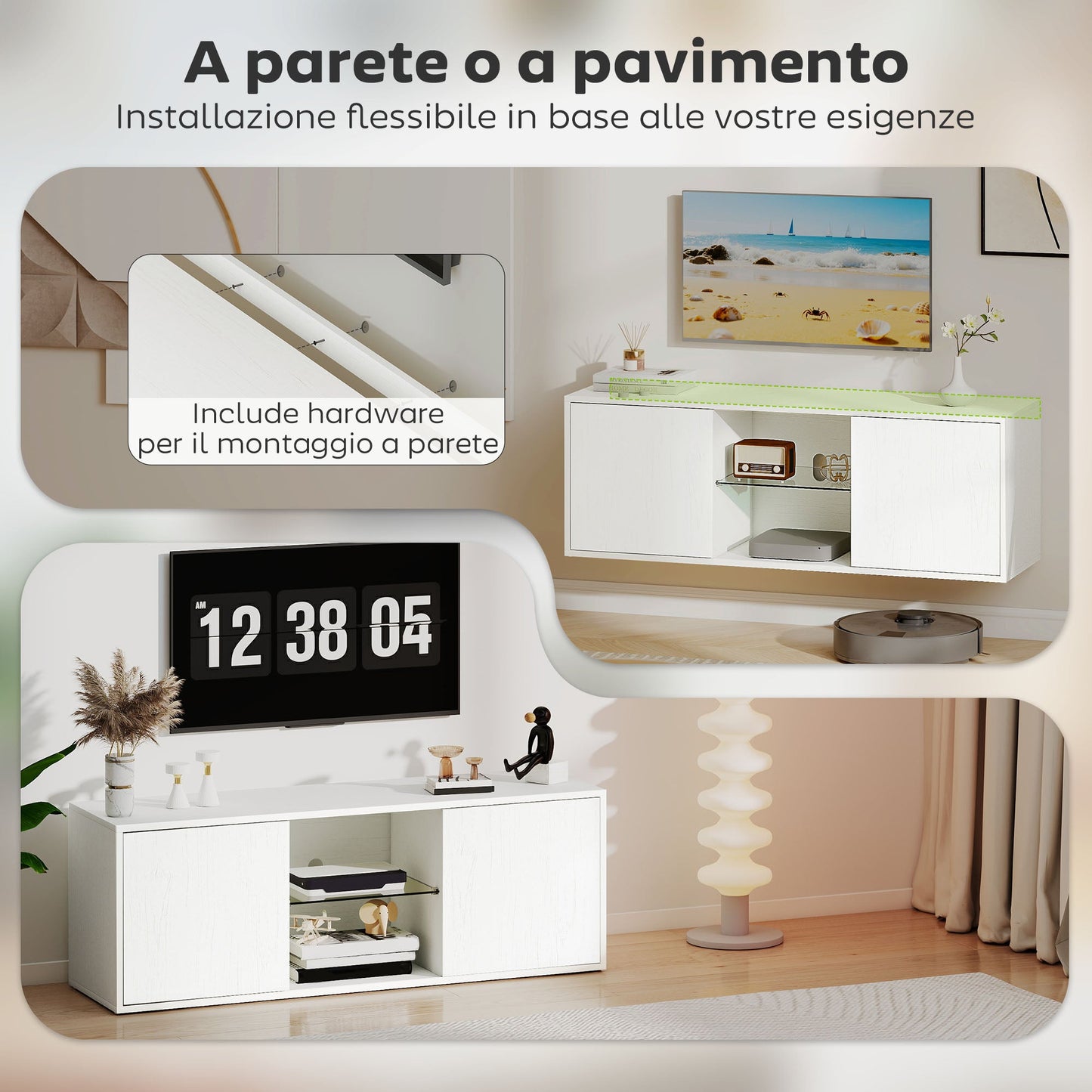 Wall-Mounted or Floor-Standing TV Stand for up to 55" with Soft-Close Doors, Cable Hole and Glass Shelf, White