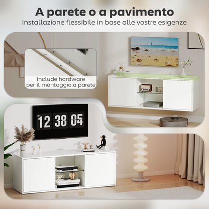 Wall-Mounted or Floor-Standing TV Stand for up to 55" with Soft-Close Doors, Cable Hole and Glass Shelf, White