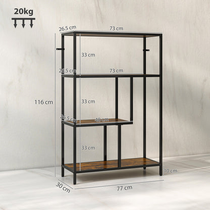 Industrial Style 4-Tier Bookcase in Wood and Metal, 77x30x116 cm, Rustic Brown