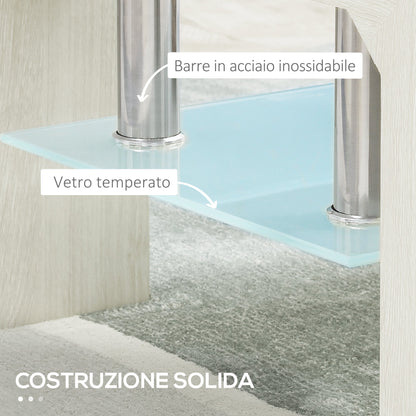 Modern coffee table with 2 levels in glass and wood, 90x50x42cm, white