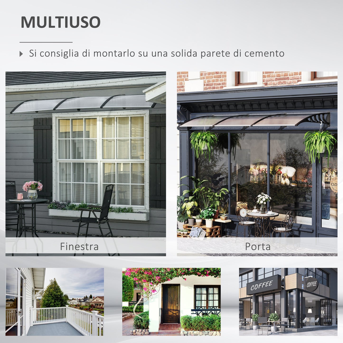 Modern Canopy in Polycarbonate, Aluminum and PP for Balconies, Windows and Doors, 303x96x27 cm, Black and Transparent