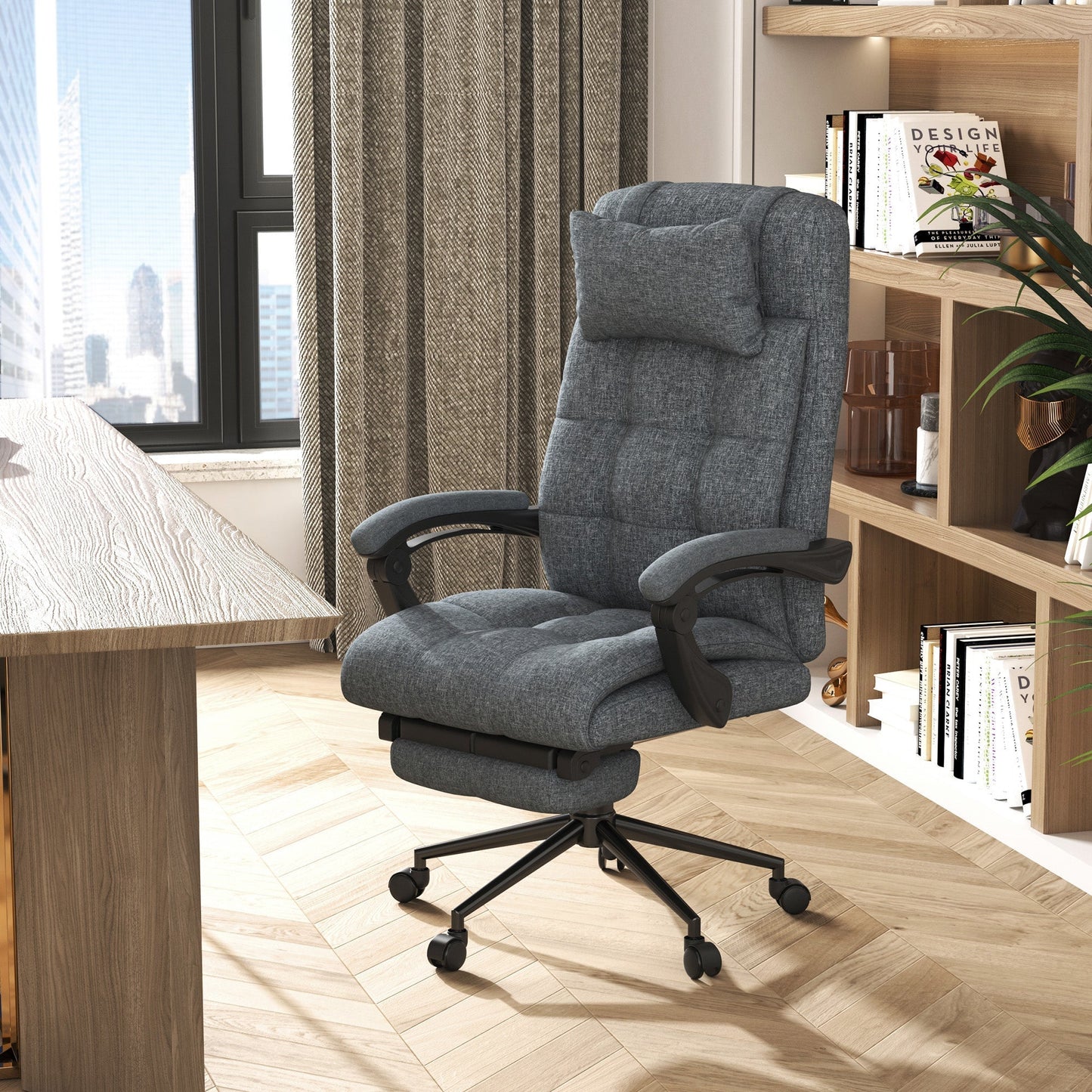 Ergonomic Reclining Office Chair, High Back Executive Chair, Office Chair with Headrest and Removable Footrest, 66x76x112-120cm, Grey