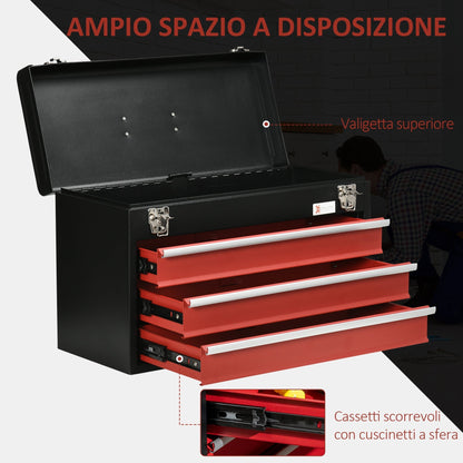 Steel Tool Box with 3 Drawers and Top Tray, 51x22x32 cm, Red and Black