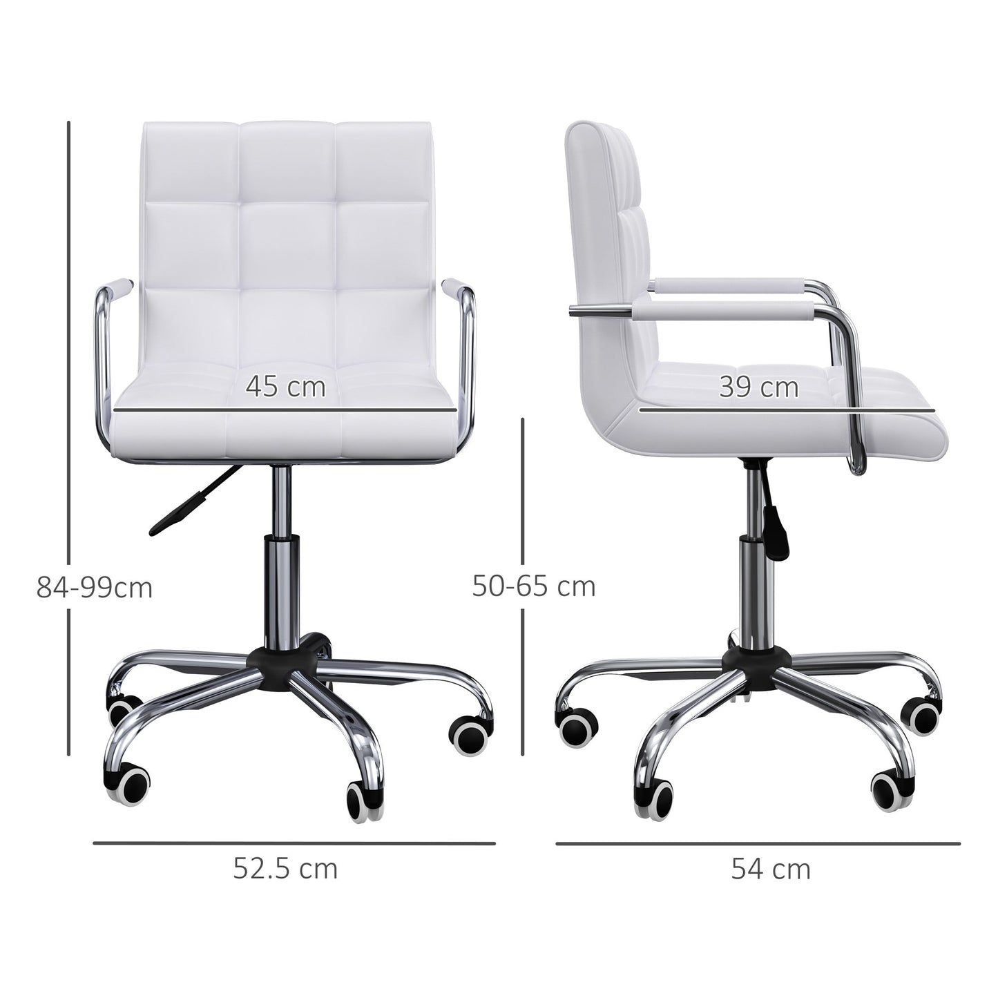 White PU Leather Office Chair with 5 Swivel Wheels, Padded and Adjustable Height, 52.5x54x84-99cm