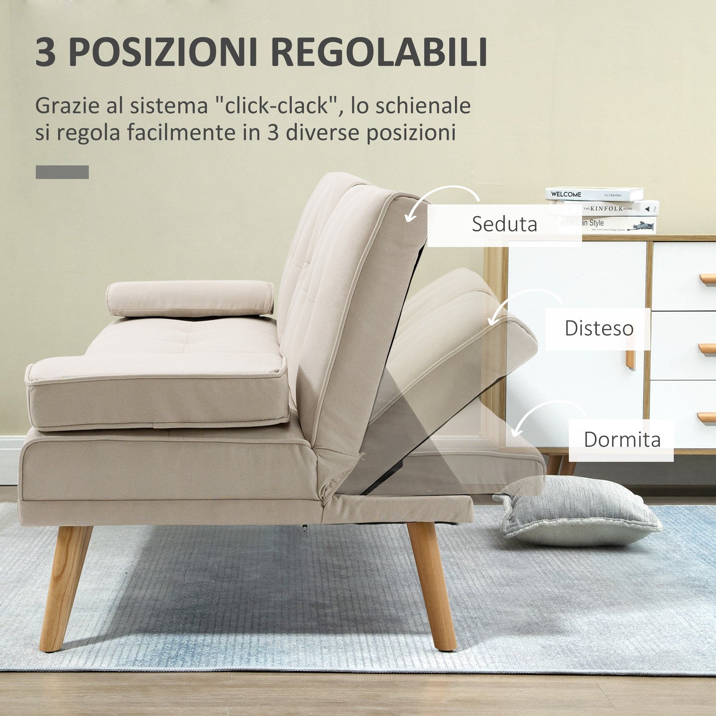 3 Seater Reclining Sofa Bed with Linen Effect Upholstery and Drop-Leaf Table, Beige