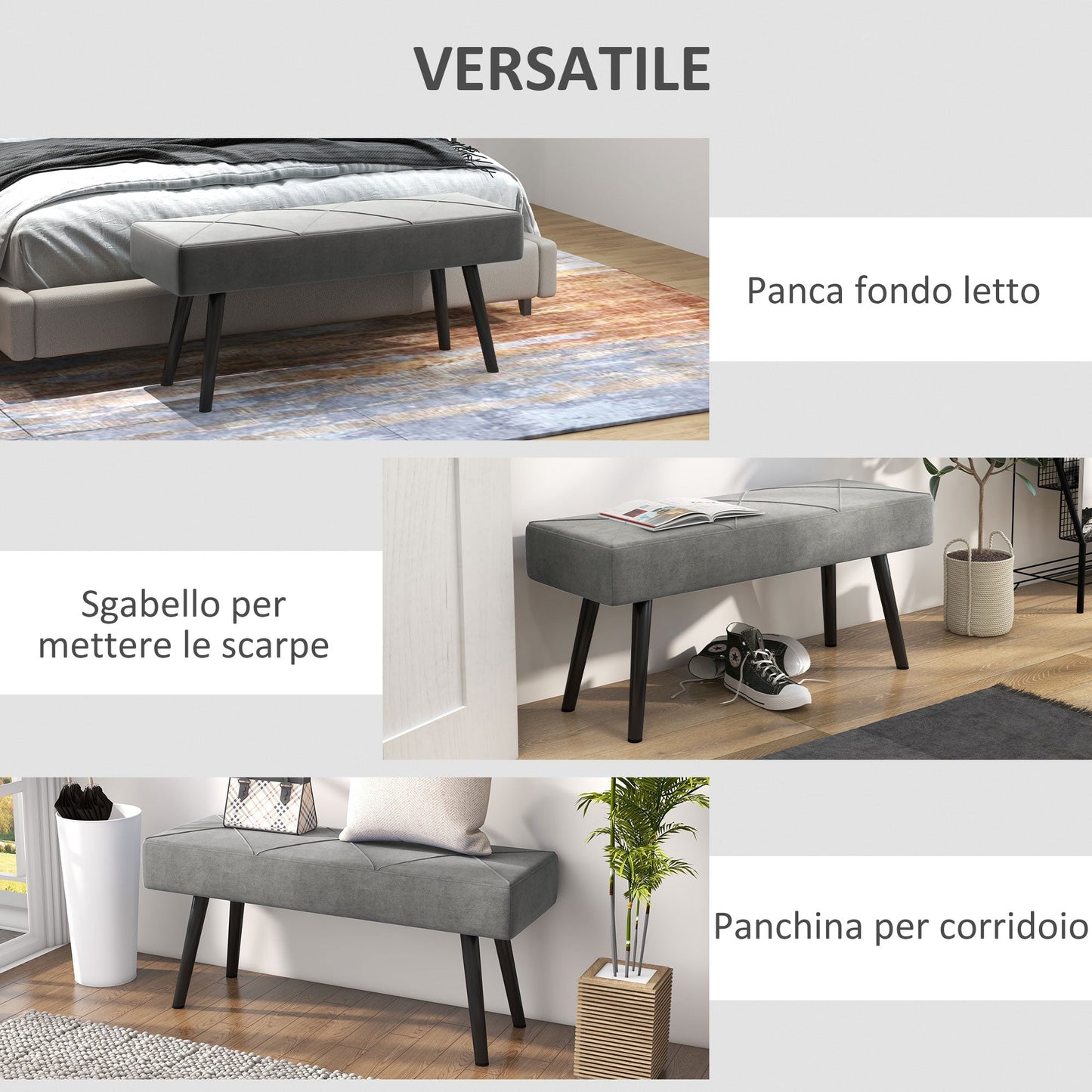Velvet Upholstered Bench with Steel Legs, 100x36x45cm, Grey