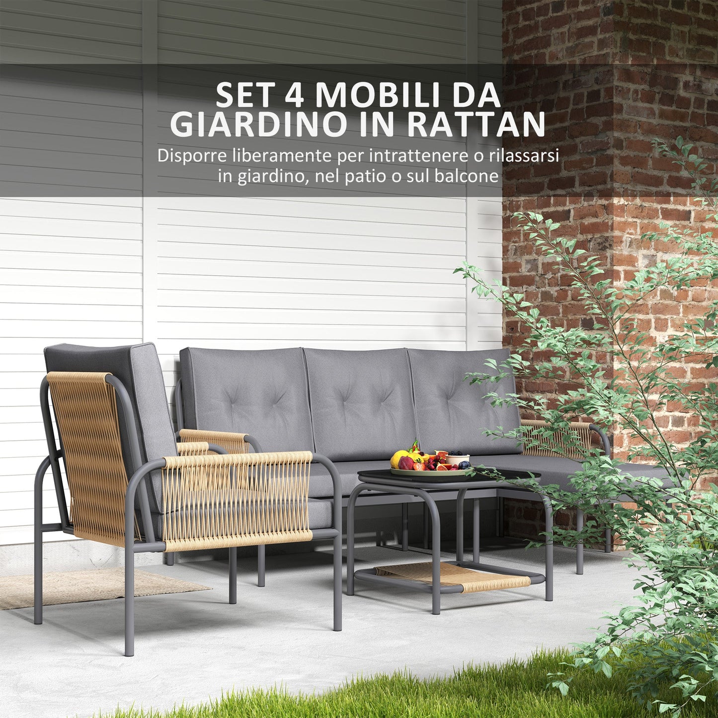 4 Piece Rattan Garden Lounge Set with Sofa, Chaise Longue, Armchair and Coffee Table with Cushions, Grey