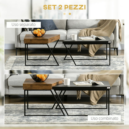 Set of 2 Chipboard and Steel Coffee Tables, Black Table 80x60x42 cm and Brown Table 60x60x46 cm