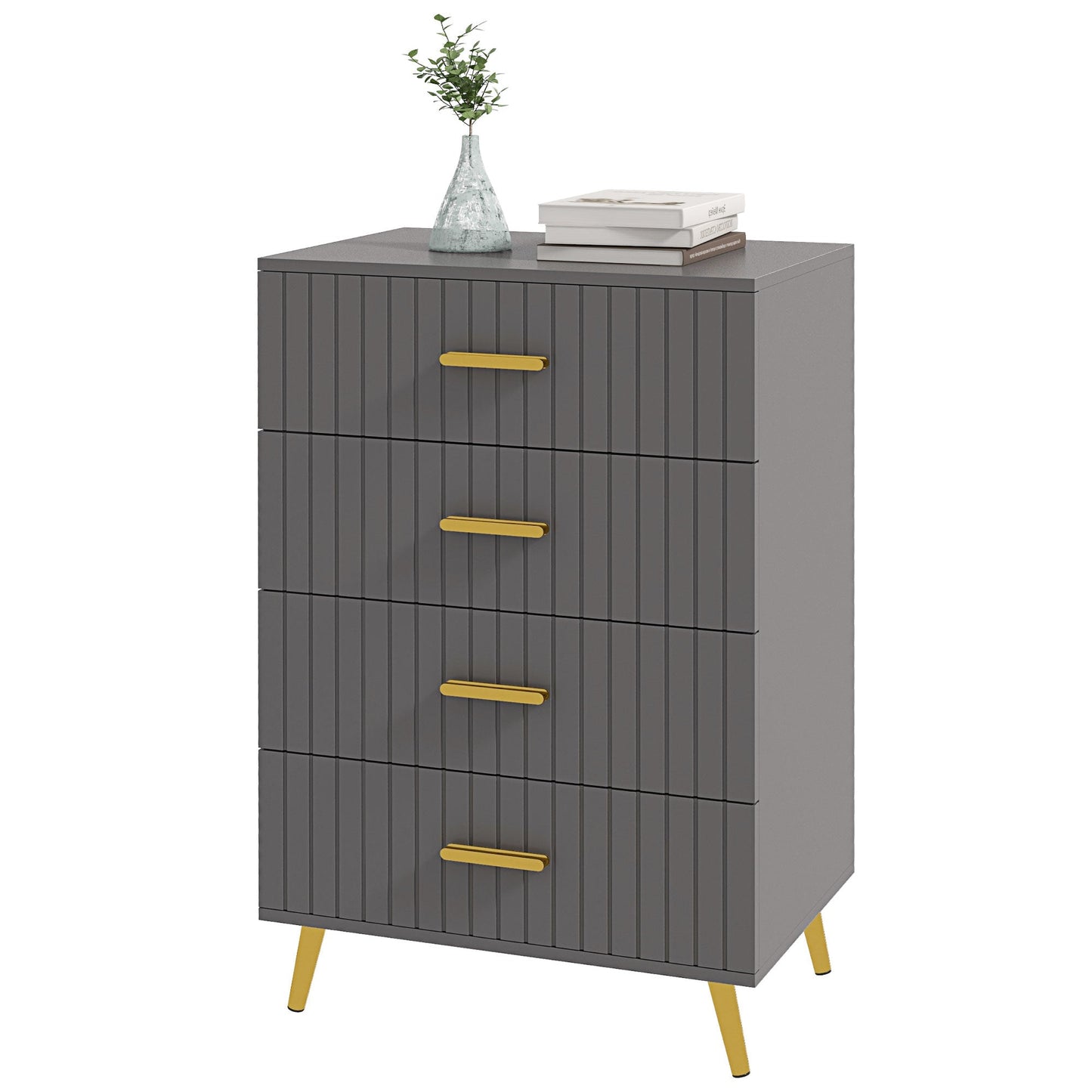 Modern 4 Drawer Chest of Drawers in Wood and Aluminum, 60x40x90 cm, Gold and Dark Grey
