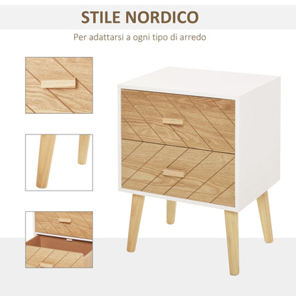 wooden bedside table 2 Scandinavian style drawers, white and wood, 40x30x55.5cm