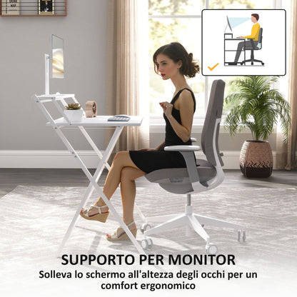 Folding Desk with Monitor Shelf, 81.5x62x86.5 cm, White