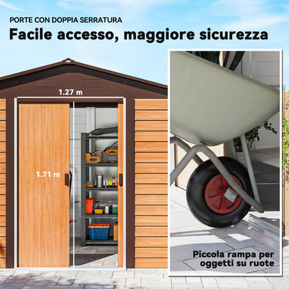 Garden Shed in Steel with Wood Effect and Double Sliding Doors, 278x195x215 cm, Brown