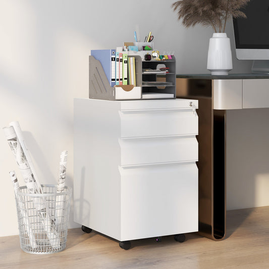 3 Drawer Office Cabinet with Adjustable Bar and Tray, Steel, 37x43.5x60 cm, White