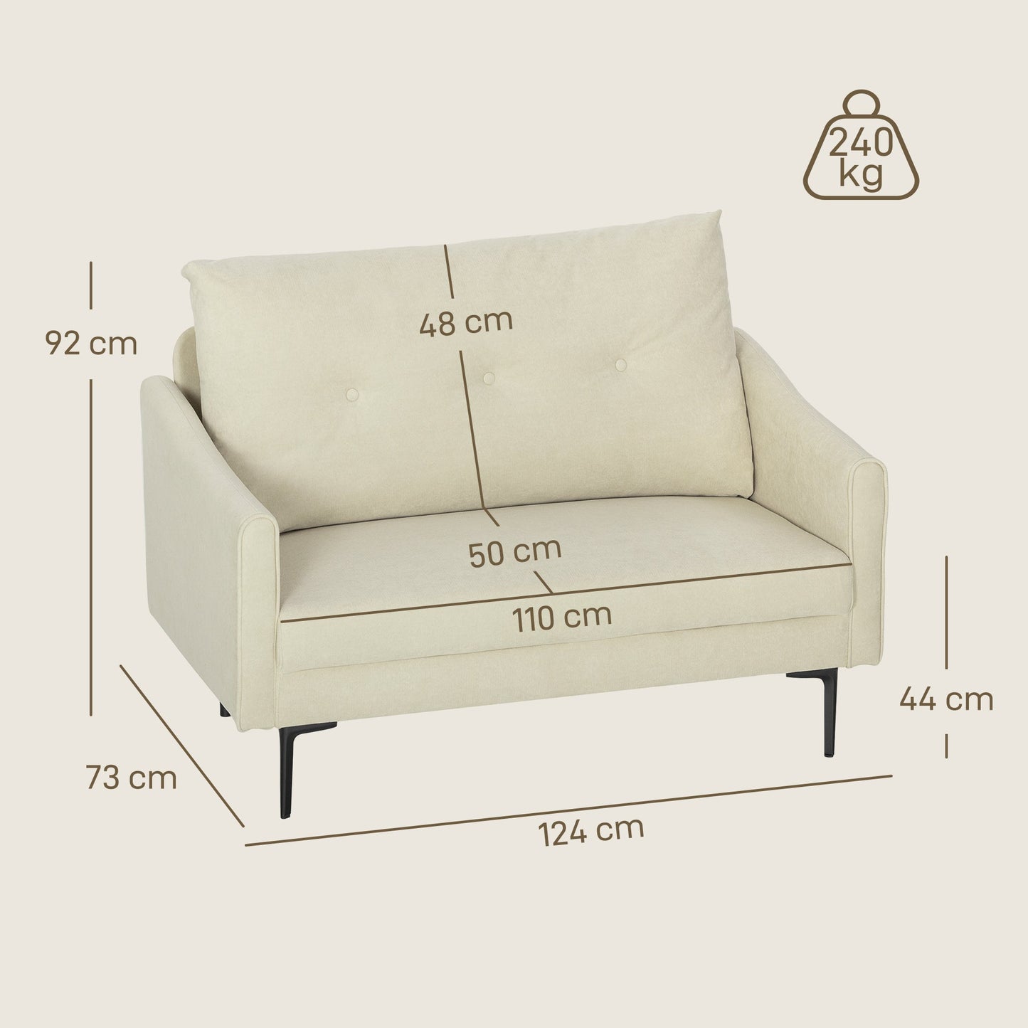 2-Seater Modern Sofa with Quilted Backrest and Velvet Upholstery, 124x73x92 cm, Cream