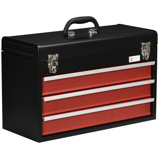 Steel Tool Box with 3 Drawers and Top Tray, 51x22x32 cm, Red and Black