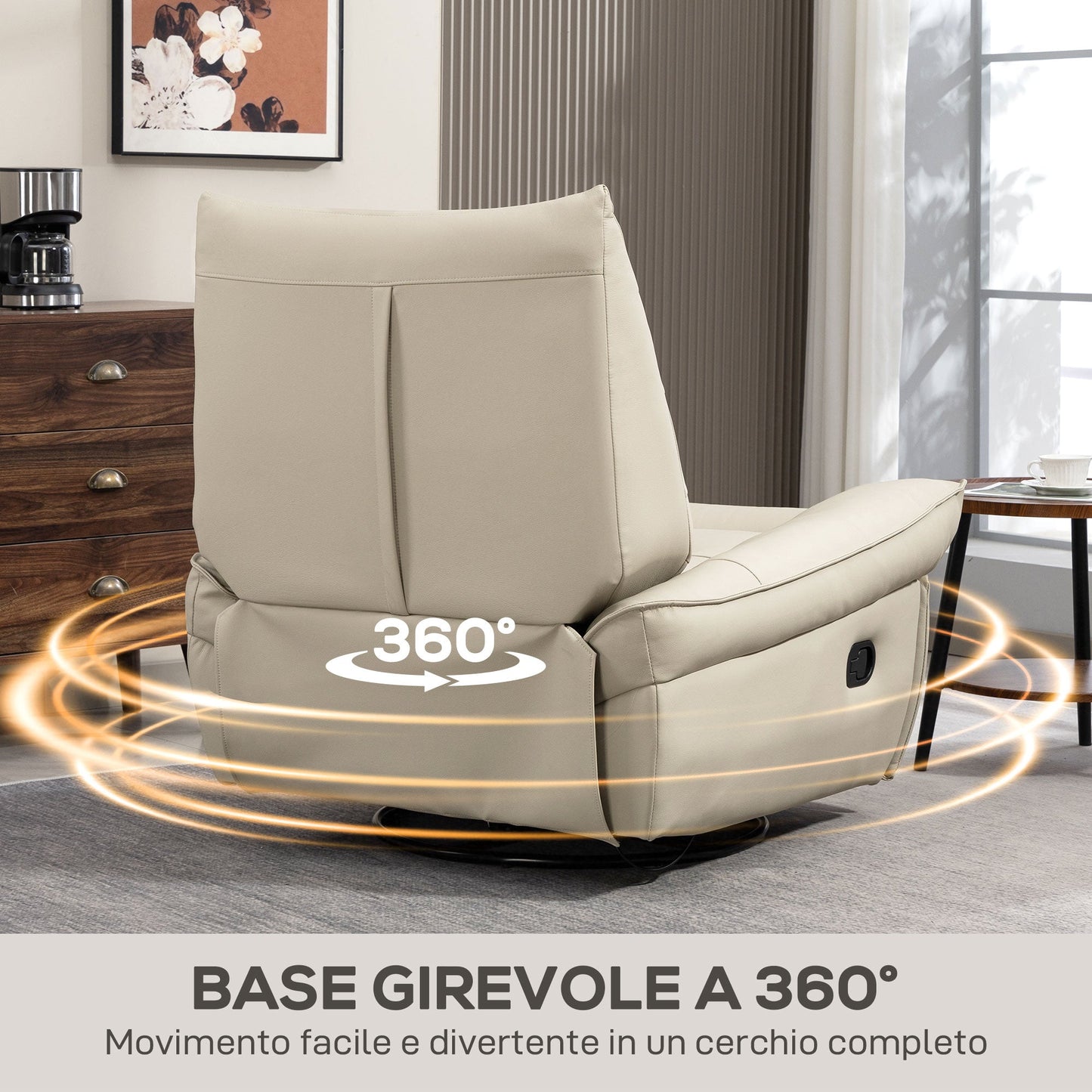 Manually Reclining Relaxing Chair with Footrest and Swivel Base without Armrests, Cream