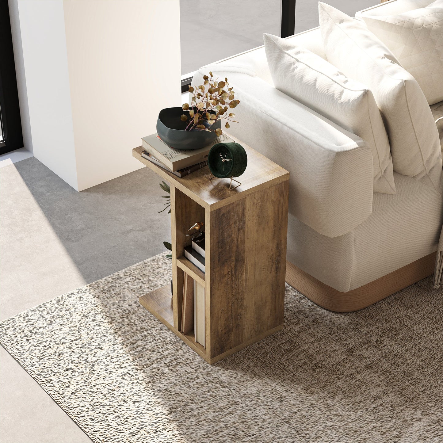 C-Shaped Coffee Table with 3 Shelves and 2 Open Compartments Space Saving, 40x30x60 cm, Brown