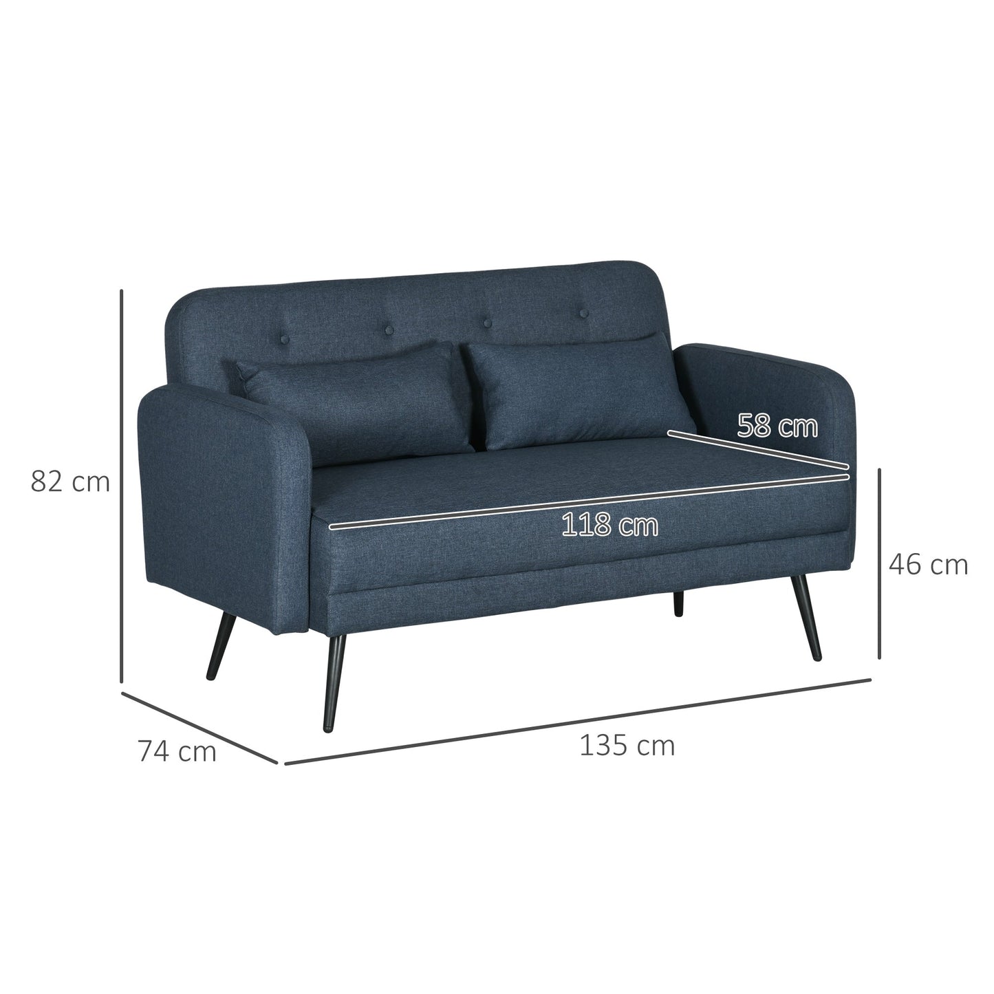 2-Seater Sofa with Fabric Upholstery and 2 Cushions, 135x74x82cm, Dark Blue