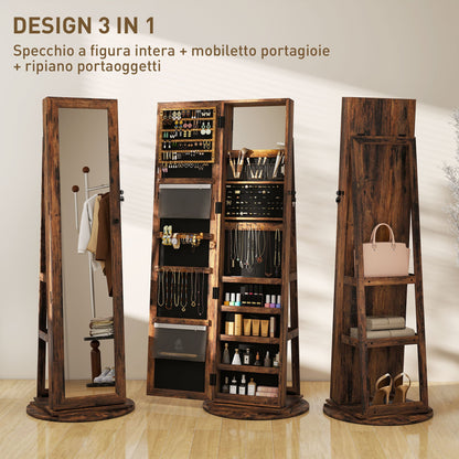 360° Swivel Floor-Standing Jewelry Mirror with Shelves and Key Lock, 55x55x161 cm, Rustic Brown
