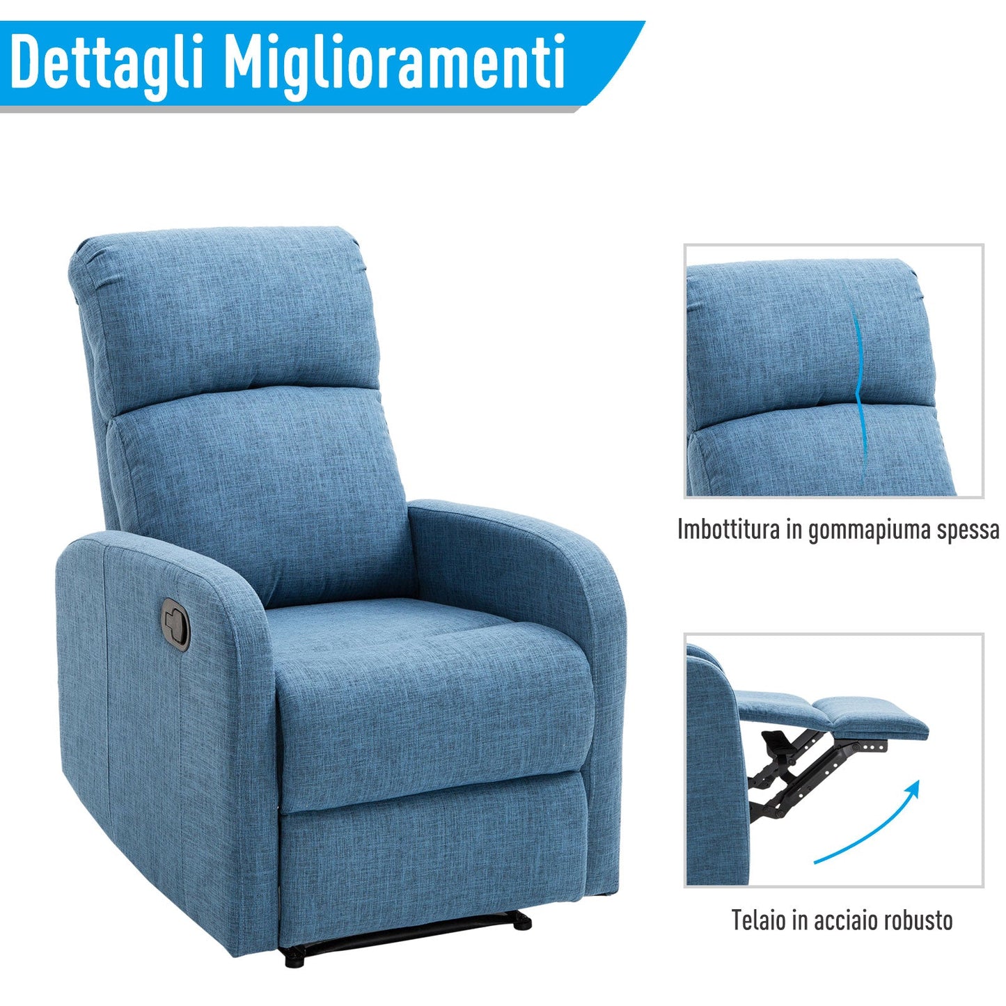 Manual Reclining Relax Chair with Footrest Load Capacity 125kg Linen Fabric 67 × 83 × 107cm Blue