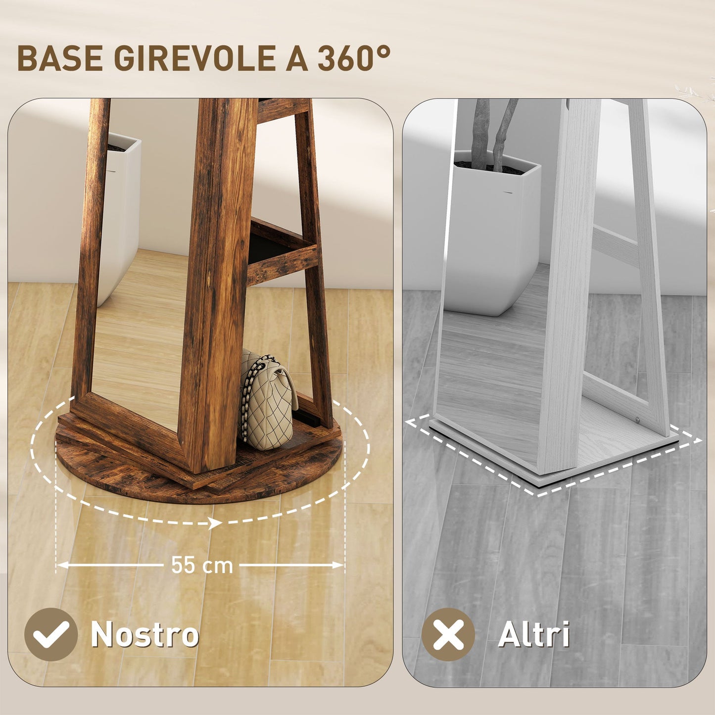 360° Swivel Floor-Standing Jewelry Mirror with Shelves and Key Lock, 55x55x161 cm, Rustic Brown