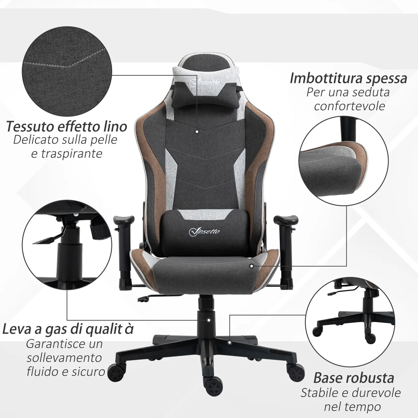 150° Reclining Gaming Chair with Rocking Function, Headrest and Lumbar Cushion, Grey