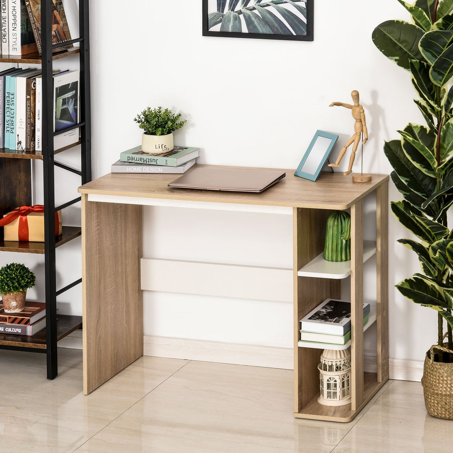 Modern Wooden Desk with 3-Tier Bookshelf, 100x44x74cm, White and Oak