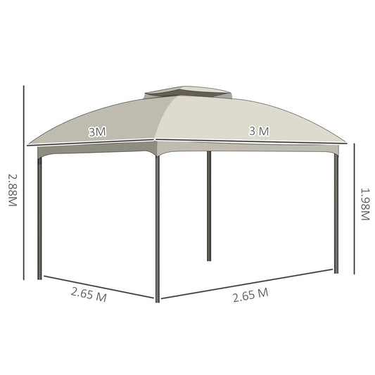 3x3m Steel Garden Gazebo with Double Roof and Curtains, Beige and Grey