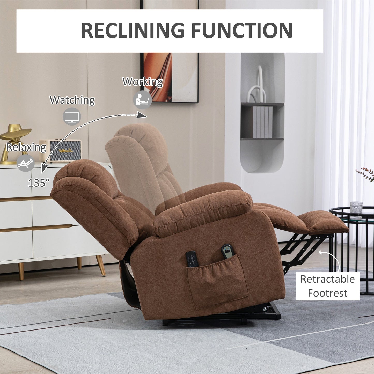 Lift Relax Chair with Remote Control, Massaging and Reclining in Fabric, Brown