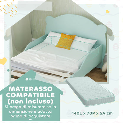 Children's Bed with Bear Headboard and Footboard and 2 Side Rails, Wooden, 143.5x80x55 cm, Green