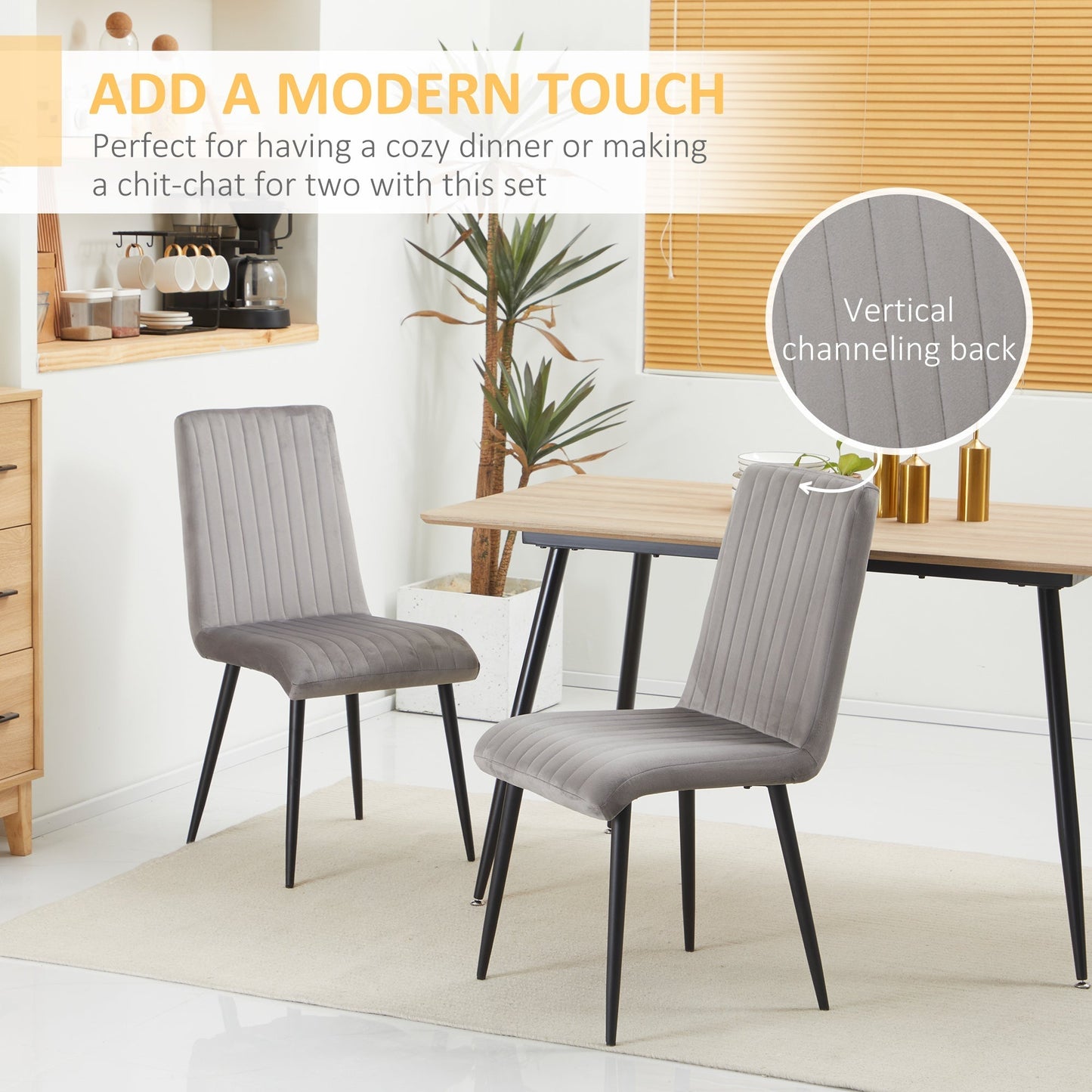 Set of 2 Padded and Space-Saving Kitchen Chairs with Steel Legs, 43x58x90 cm, Grey and Black