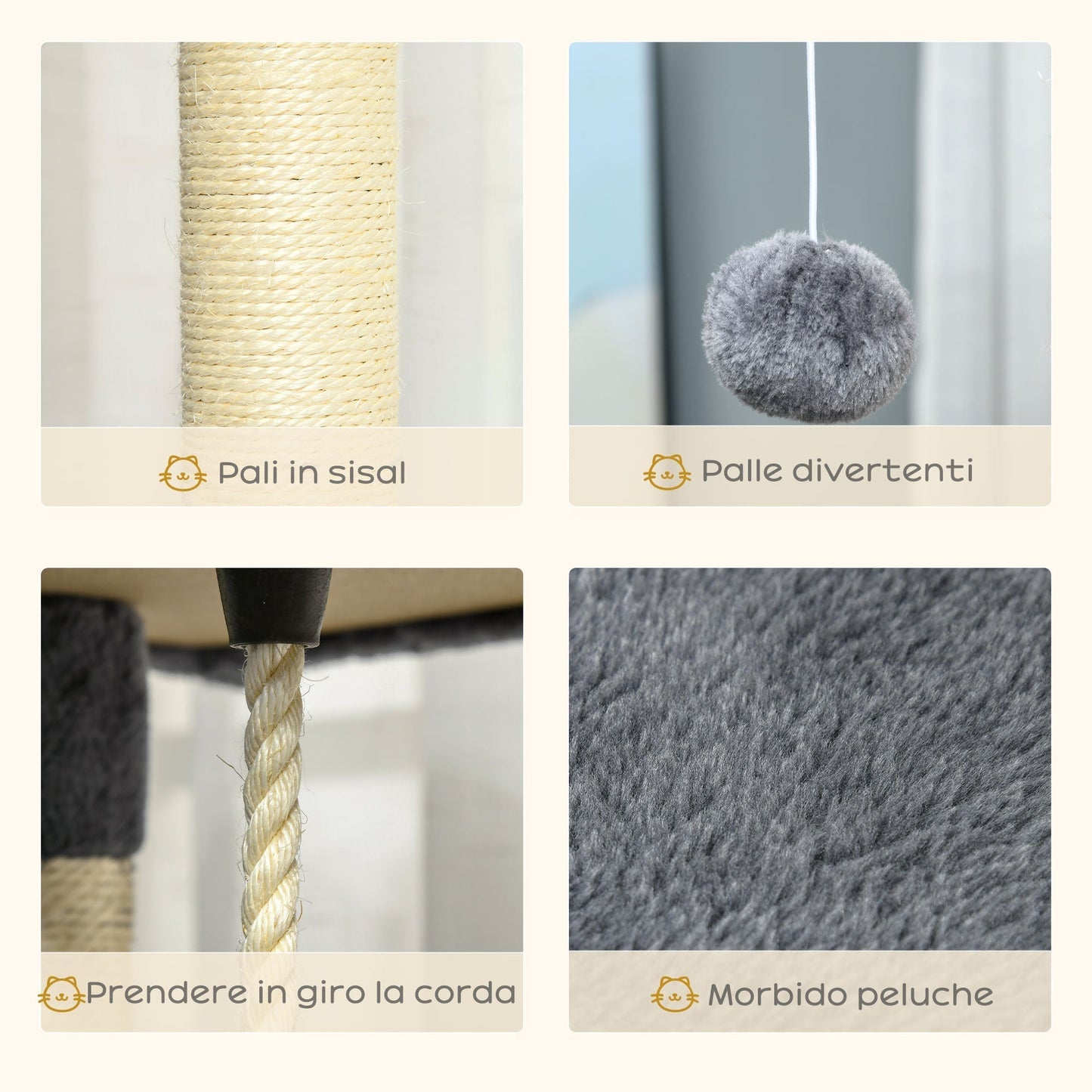 Cat Tree for cats with Scratch Pole, with houses and hammocks, 60x60x200cm, light Grey