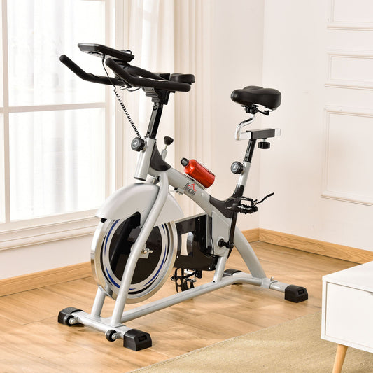 Professional Indoor Exercise Bike with LCD Monitor and 15kg Flywheel, Adjustable Saddle and Handlebar, 124x50x105-111cm, Silver Black