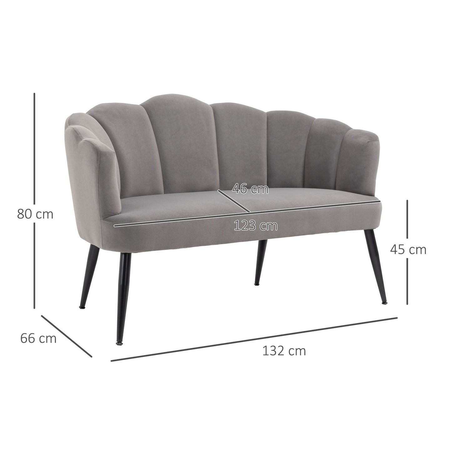 MADISON | 2 Seater Velvet Sofa with Metal Legs and Shell Backrest, 132x66x80cm, Grey