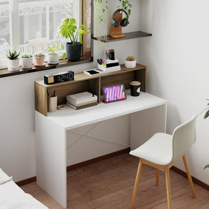 Modern PC Desk with Raised Top and 2 Shelves, in Chipboard, 110x50x102.6 cm, White, Brown and Walnut