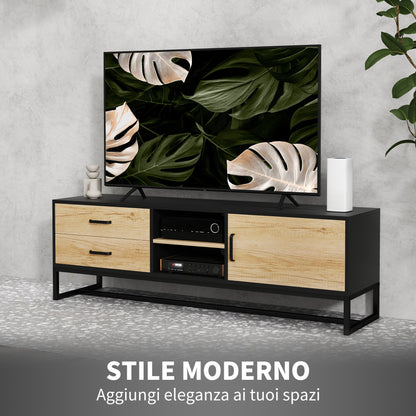 TV Cabinet 60" with Cabinet, 2 Drawers and Open Shelves, 140x35x45 cm, Natural Wood