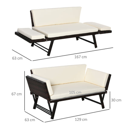 2 Seater Sofa with Extendable Armrests for Garden Rattan 129x63x67cm White, Brown