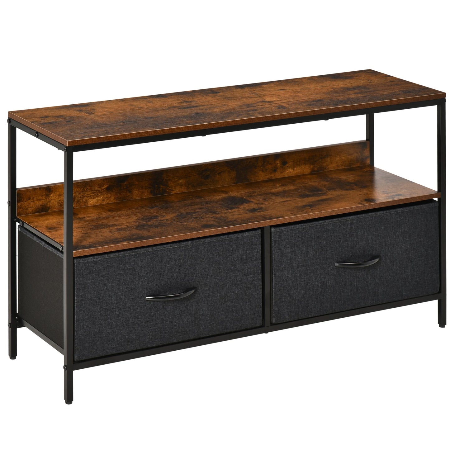 47" TV Stand with Folding Fabric Drawers and Shelf, Metal and MDF TV Cabinet, 98x29x56cm, Rustic Brown