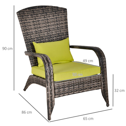 Adironrack Garden Chair with Armrests and Cushions, Rattan and Steel Chair for Indoor and Outdoor Use, 64x80x90 cm, Green