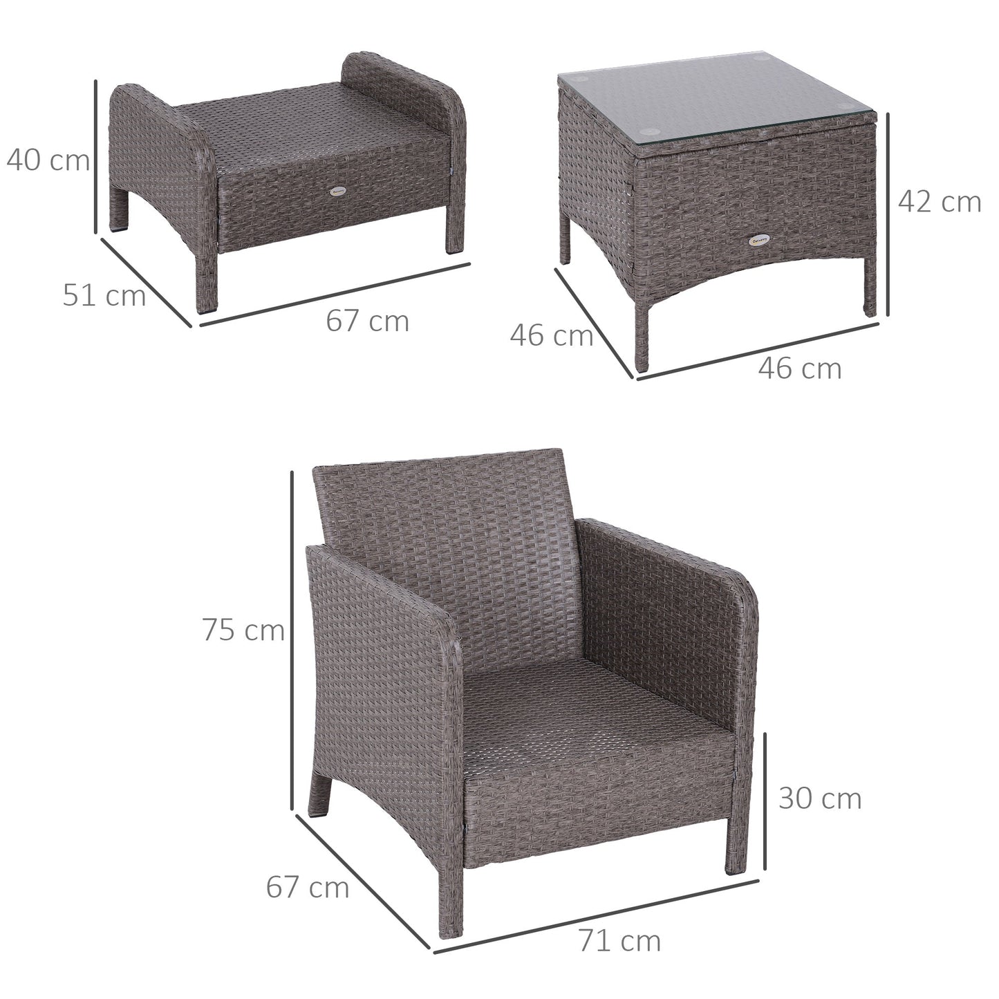 Garden Furniture Set 2 Armchairs 2 Footstools 1 Coffee Table in Tempered Glass Rattan Grey