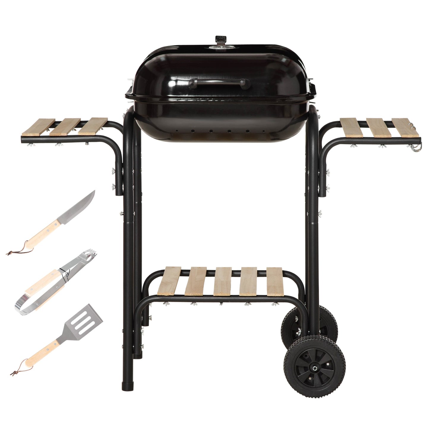 Charcoal Barbecue with Lid, Shelves and Wheels, Complete with Spatula, Tongs and Knife, Black