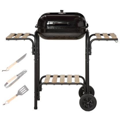 Charcoal Barbecue with Lid, Shelves and Wheels, Complete with Spatula, Tongs and Knife, Black