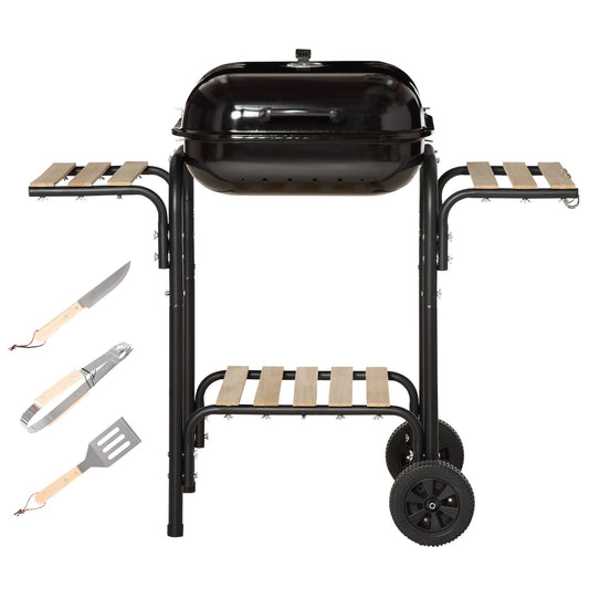 Charcoal Barbecue with Lid, Shelves and Wheels, Complete with Spatula, Tongs and Knife, Black