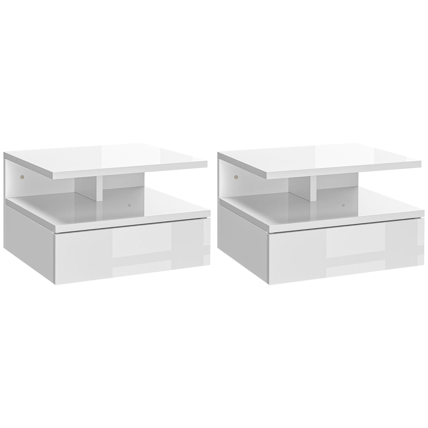 Set of 2 Modern Floating Bedside Tables with Drawer and Wooden Shelf 35x32x22.5cm, Glossy White